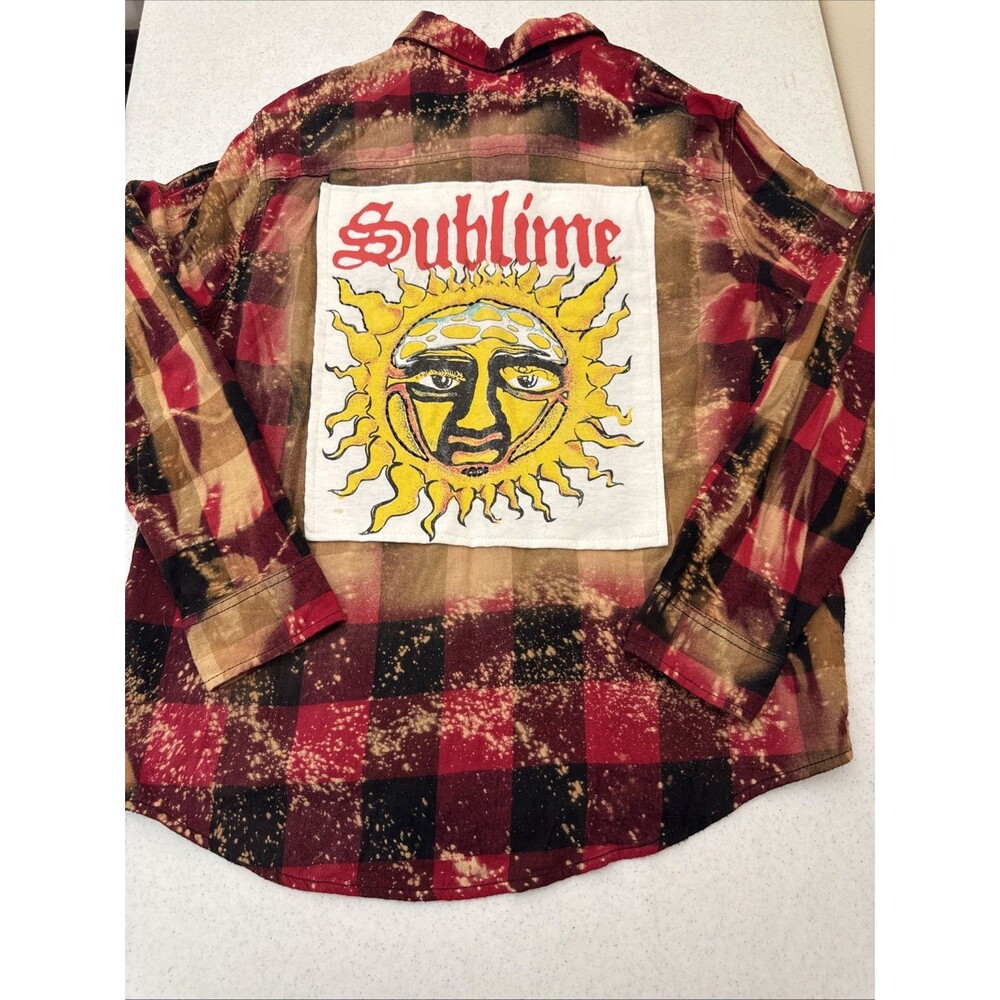 SUBLIME Custom Flannel Shirt w/ Sublime Sun Logo Tee Distressed Bleached Mens Lg